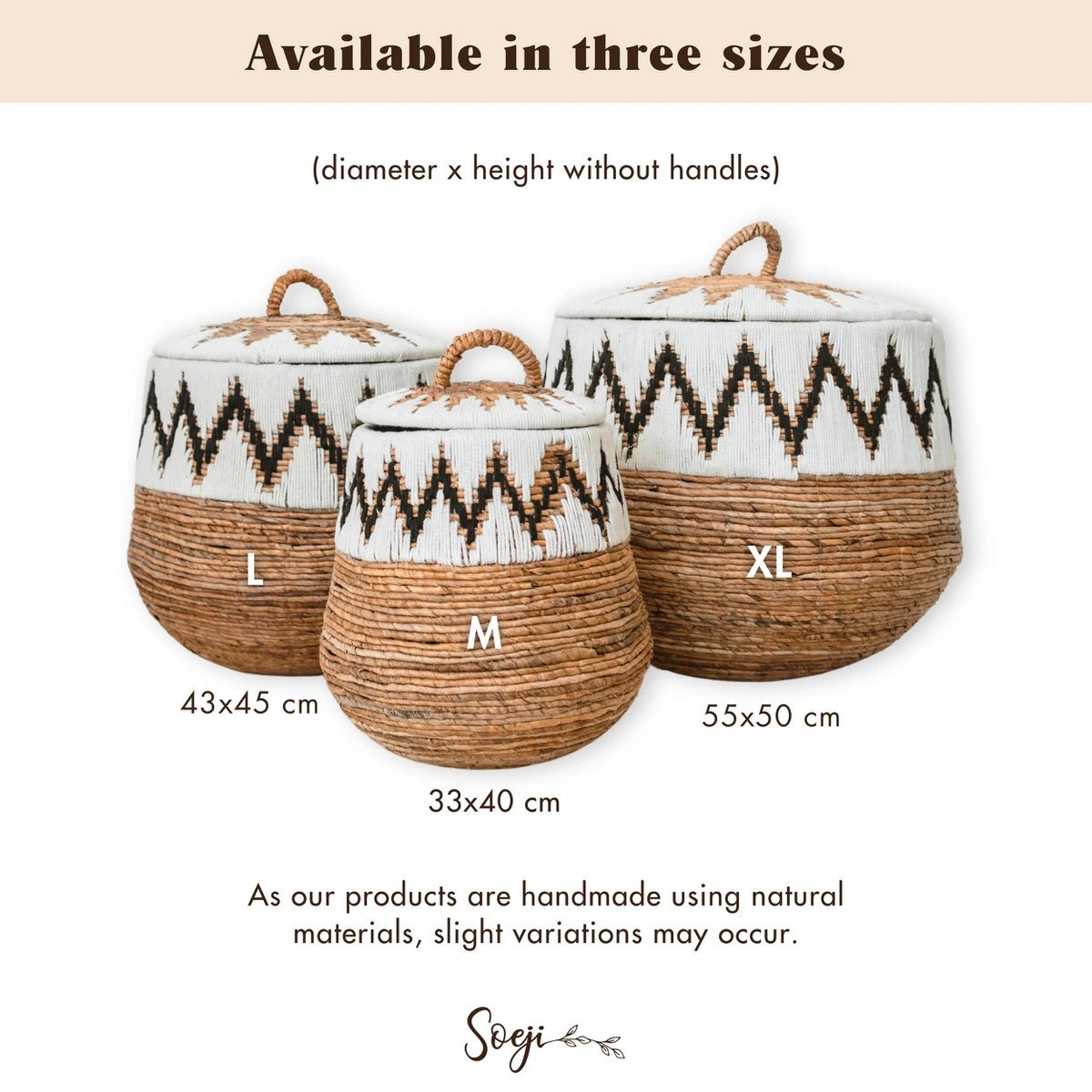Laundry Basket with Lid – Boho Laundry Hamper Round – Large Boho Basket – Woven Basket with Cotton Pattern PALEM (3 sizes Ø33/43/55cm) by Soeji