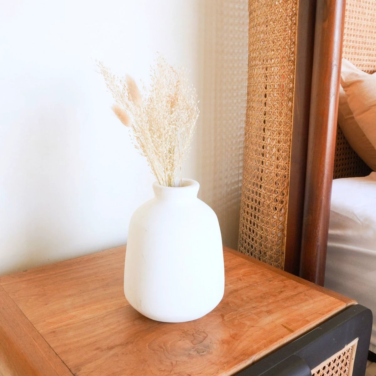 Vase White Small Round Decorative Vase for Dried or Fresh Flowers Hand Cast from Clay with BAWA by Soeji