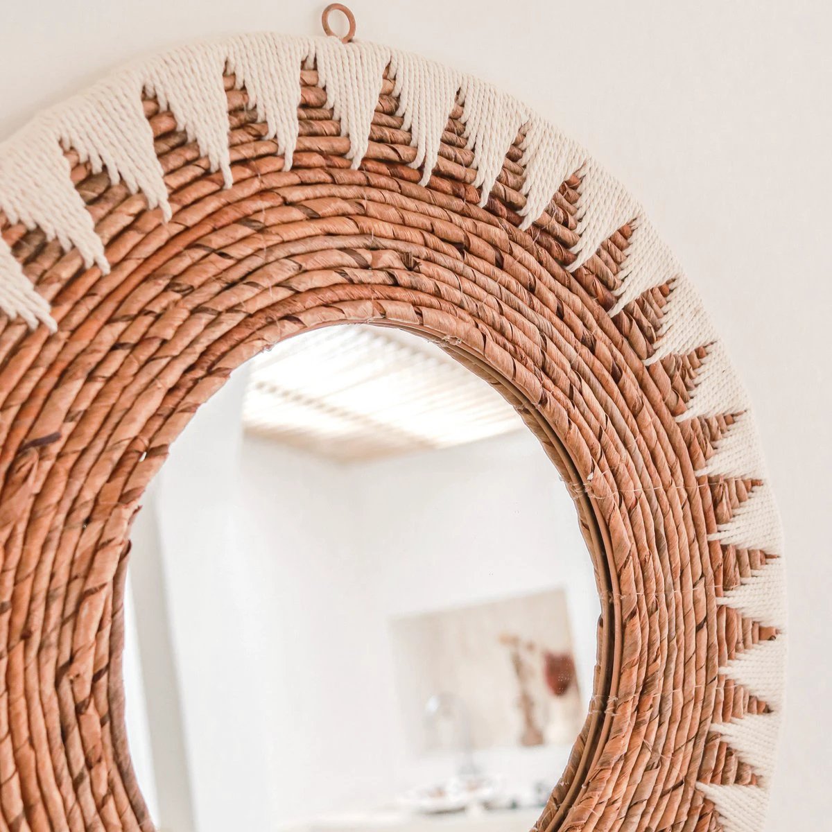 Round Boho Mirror 60 cm | Handmade Woven Wall Mirror AWAN | Wall Decoration with Pattern made of Cotton Cords by Soeji