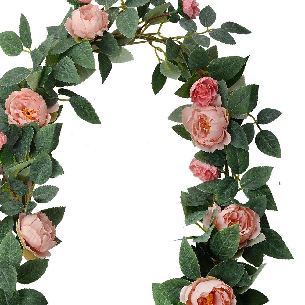 Artificial flower garland 150 cm pink green plastic roses by Clayre & Eef.