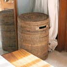 Large Laundry Basket with Lid – Woven Round Basket – Brown Boho Storage Basket – Decorative Rattan Basket (2 sizes Ø 36/40 cm) SARI (brown) by Soeji