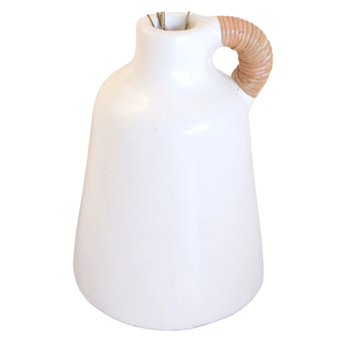 Vase White Small Decorative Vase for Dried or Fresh Flowers Hand Cast from Clay with Rattan Handle SANA by Soeji
