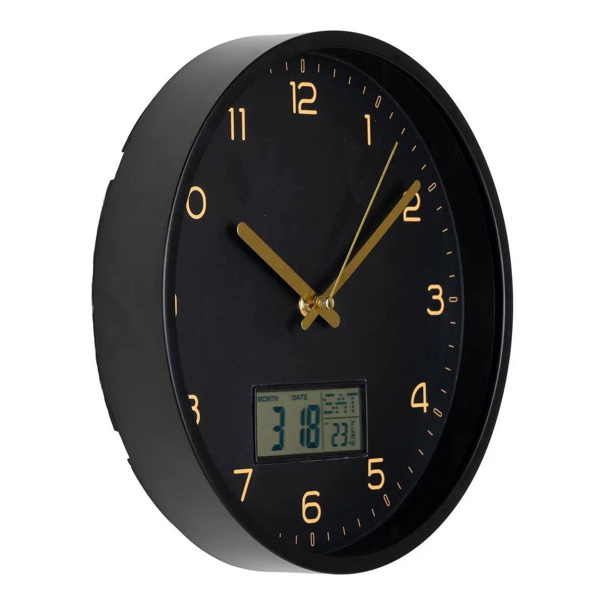 Amiens Wall Clock - Black, Plastic, Glass, LCD, Ø25cm by EMIRELLE