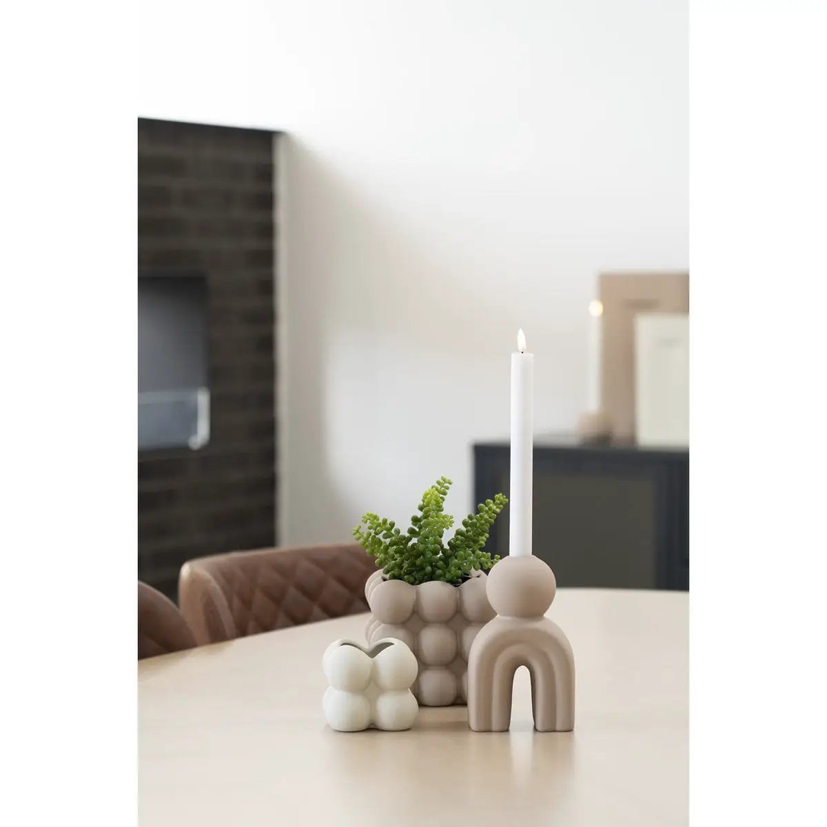 Candle Holder - Stoneware, Brown - 10.5x6.5x17 cm by EMIRELLE