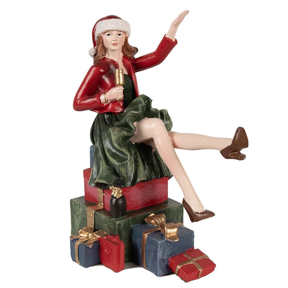 Christmas Decoration Statue Woman 18 cm Red Polyresin by Clayre & Eef.