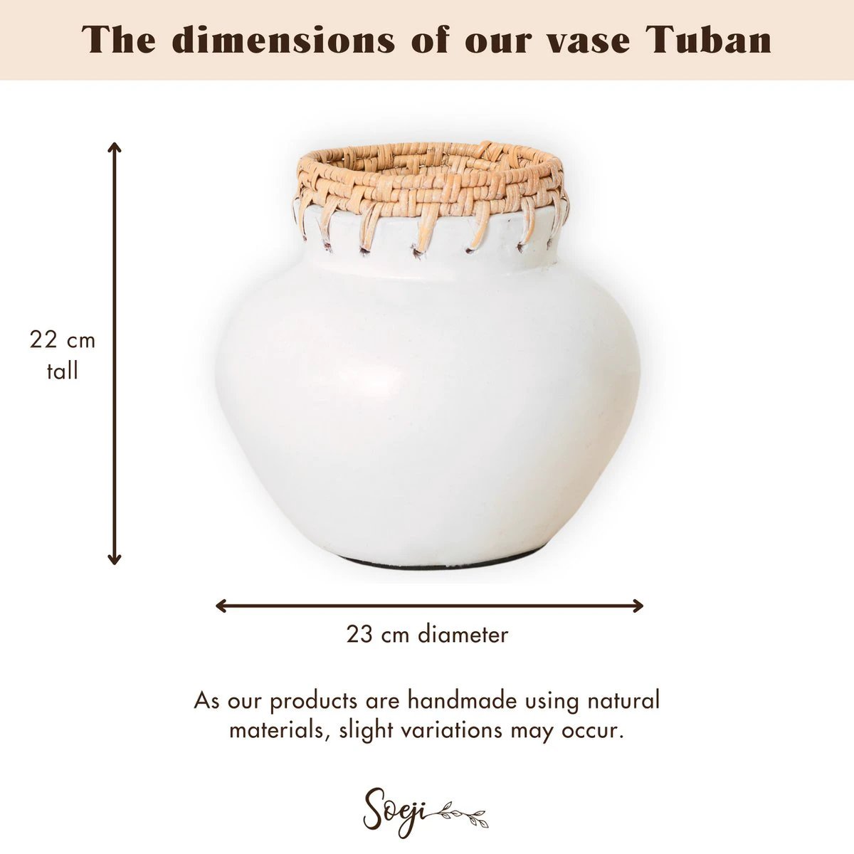 White Vase – Decorative Vase Round – Small Vase for Dried Flowers – Handmade Clay Vase – Flower Vase Made of Clay and Rattan (Ø 23 cm) TUBAN by Soeji