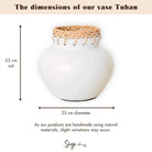 White Vase – Decorative Vase Round – Small Vase for Dried Flowers – Handmade Clay Vase – Flower Vase Made of Clay and Rattan (Ø 23 cm) TUBAN by Soeji