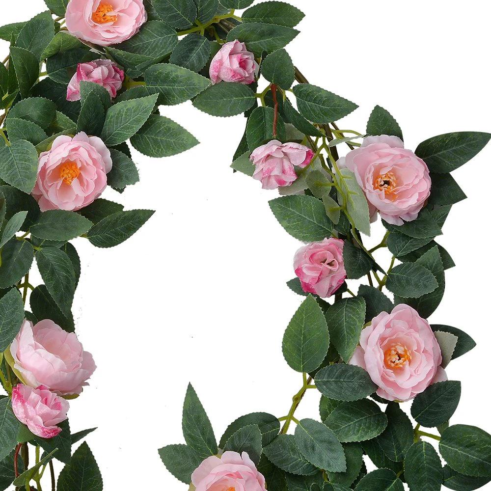 Künstliche Blumengirlande 180 cm Rosa Grün Plastikrosen von Clayre & Eef.