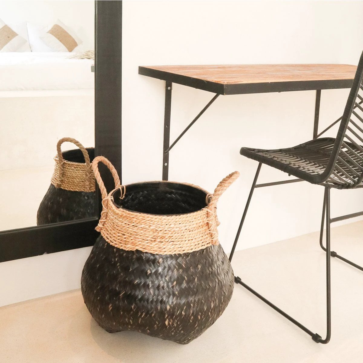 Black Plant Basket Decorative Basket Large Laundry Basket BENOA (black) Hand-woven Basket made of Bamboo and Seagrass (3 sizes) by Soeji