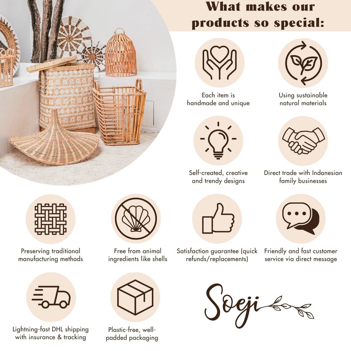 Large Laundry Basket with Lid – Woven Round Basket – Brown Boho Storage Basket – Decorative Rattan Basket (2 sizes Ø 36/40 cm) SARI (brown) by Soeji