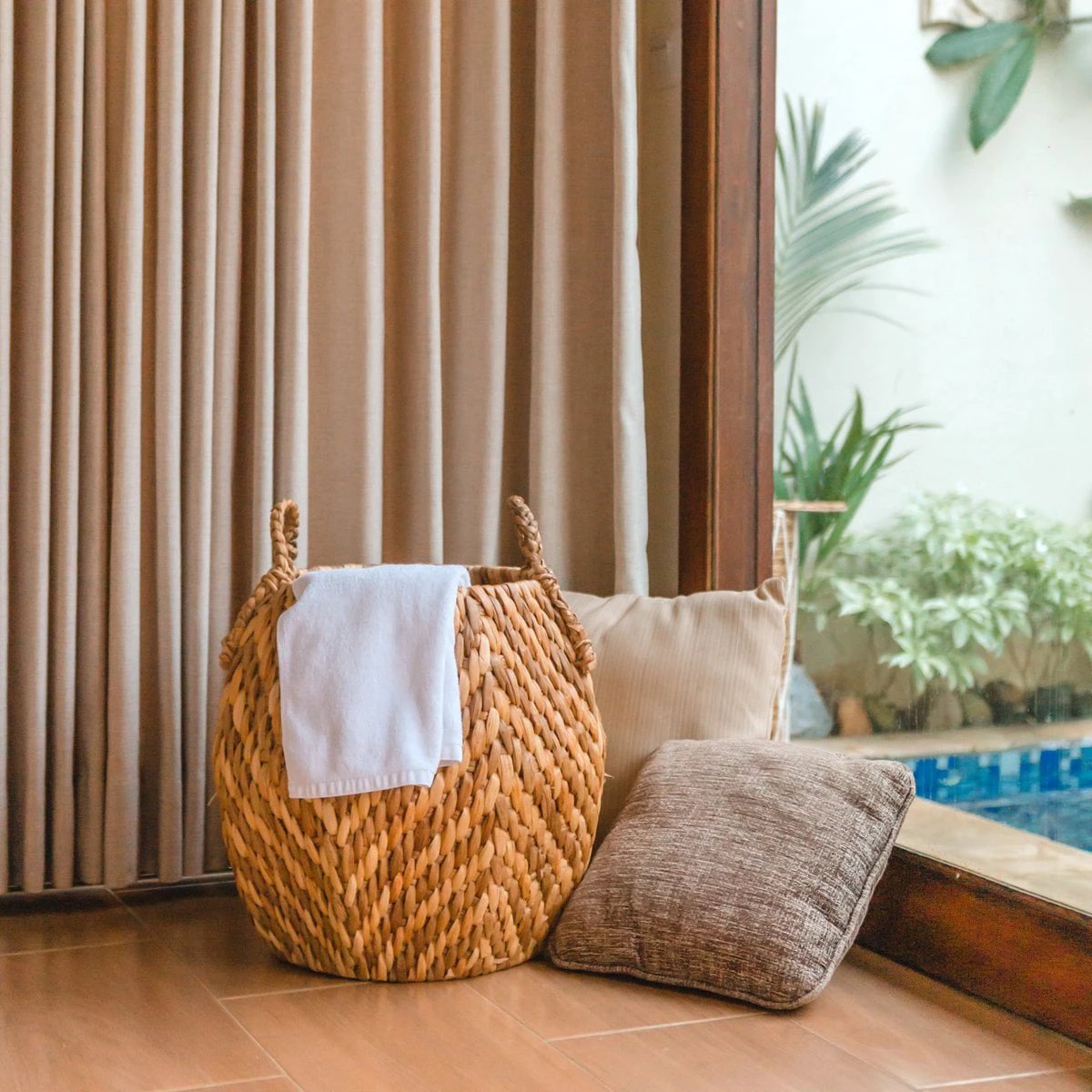 Large Laundry Basket Storage Basket Decorative Basket Round Basket Hamper WAYAG from Woven Water Hyacinth with Beige & Brown Zig Zag Pattern by Soeji