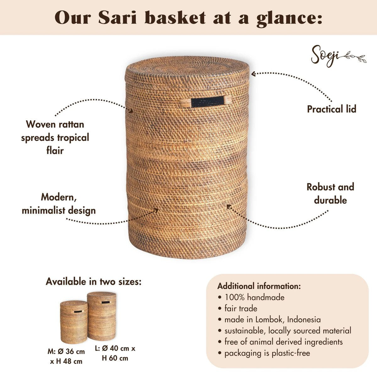 Large Laundry Basket with Lid – Woven Round Basket – Brown Boho Storage Basket – Decorative Rattan Basket (2 sizes Ø 36/40 cm) SARI (brown) by Soeji