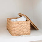 Storage Basket with Lid – Shelf Basket made from Beige Rattan – Handwoven Decorative Basket GRAHA (2 sizes) by Soeji