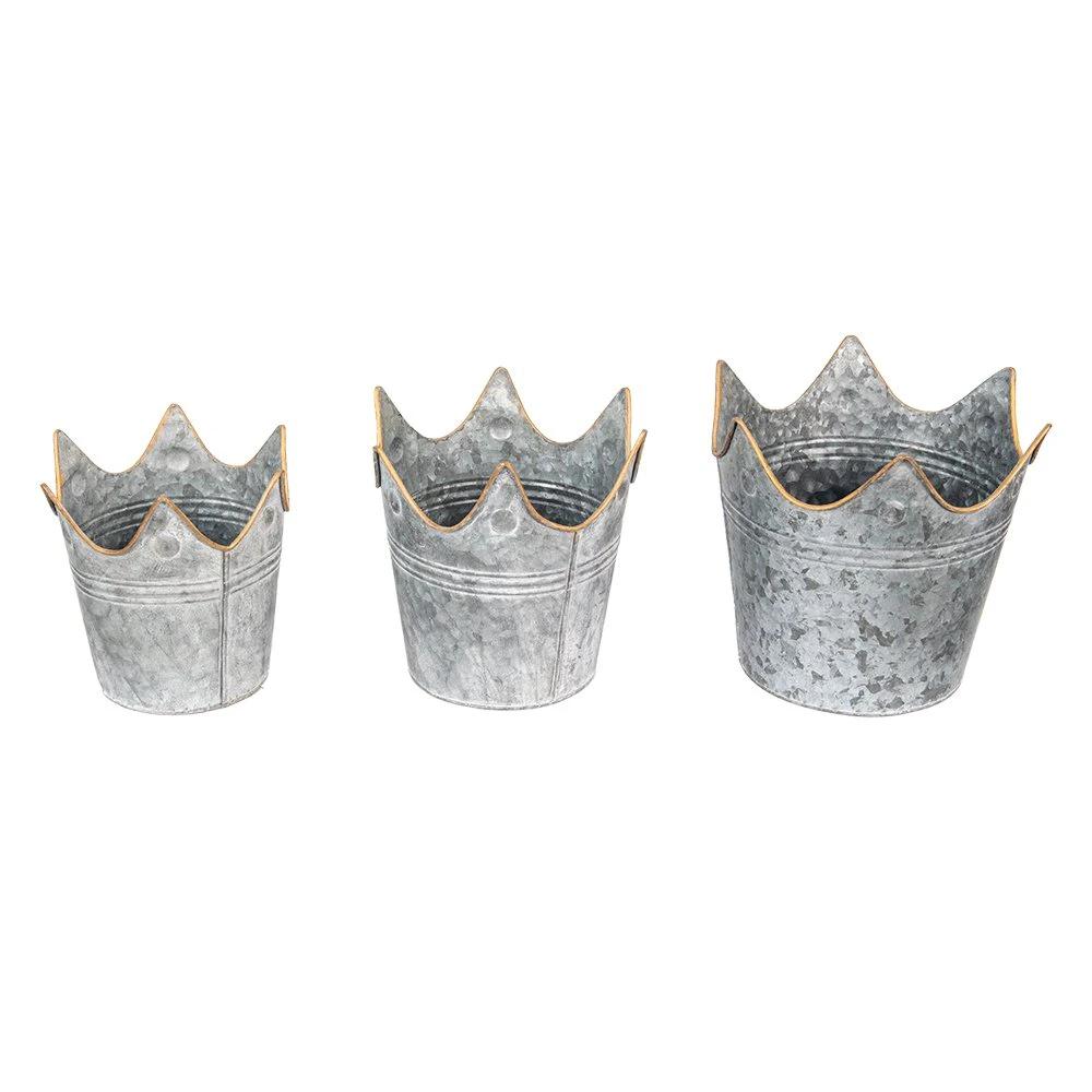 Plant holder Ø 24 Ø 21 Ø 19 cm Gray Metal Crown Plant pot by Clayre & Eef.