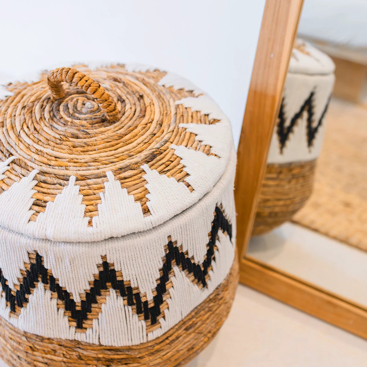 Laundry Basket with Lid – Boho Laundry Hamper Round – Large Boho Basket – Woven Basket with Cotton Pattern PALEM (3 sizes Ø33/43/55cm) by Soeji
