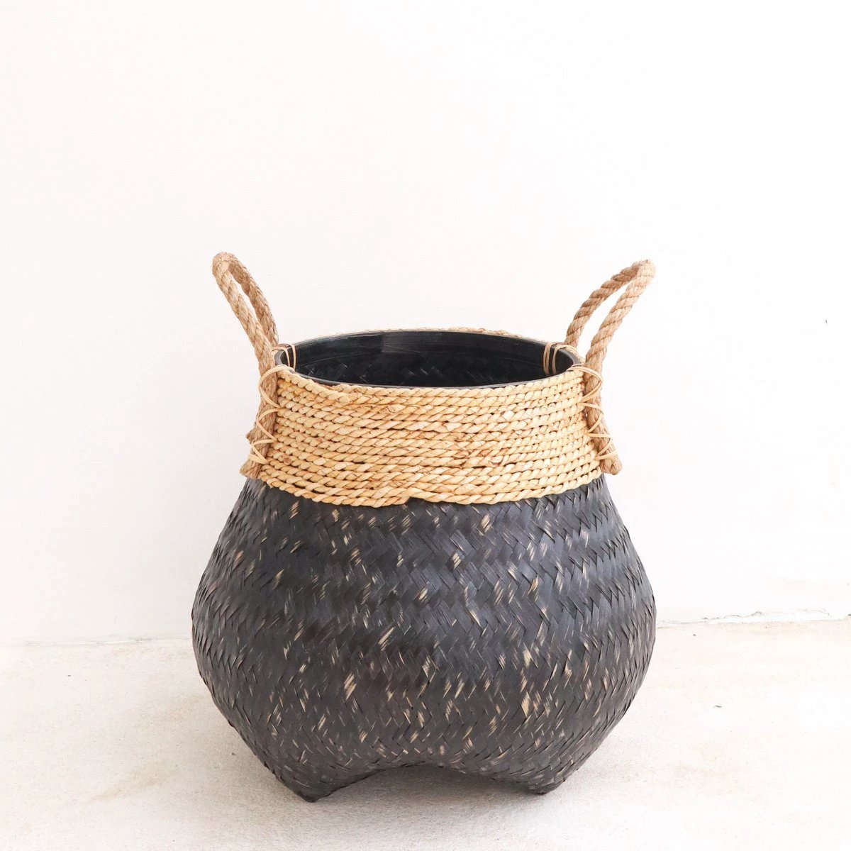 Black Plant Basket Decorative Basket Large Laundry Basket BENOA (black) Hand-woven Basket made of Bamboo and Seagrass (3 sizes) by Soeji