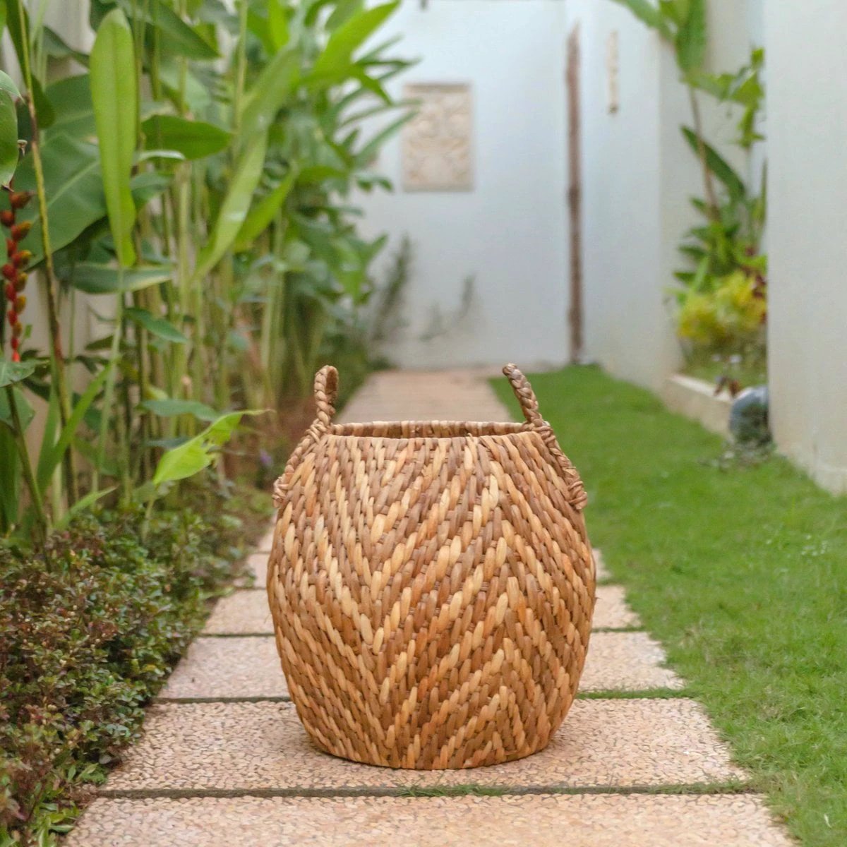 Large Laundry Basket Storage Basket Decorative Basket Round Basket Hamper WAYAG from Woven Water Hyacinth with Beige & Brown Zig Zag Pattern by Soeji