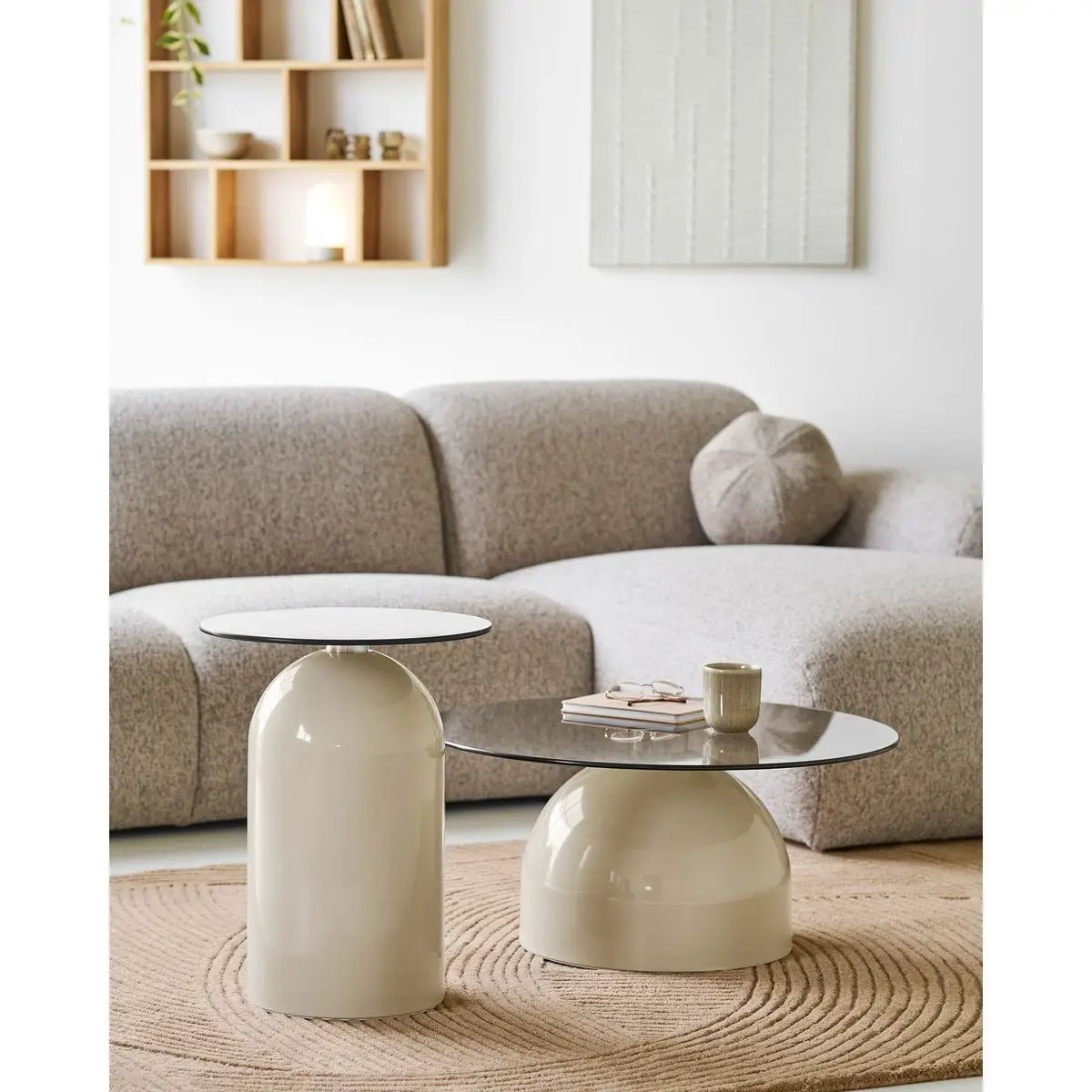 Ravello Coffee table, tempered glass/metal, grey/beige, ø70x33 cm by EMIRELLE