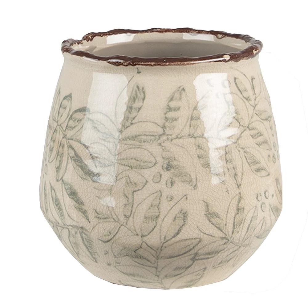 Flowerpot Ø 14x13 cm Green Beige Ceramic Leaves Flowerpot Indoor by Clayre & Eef.