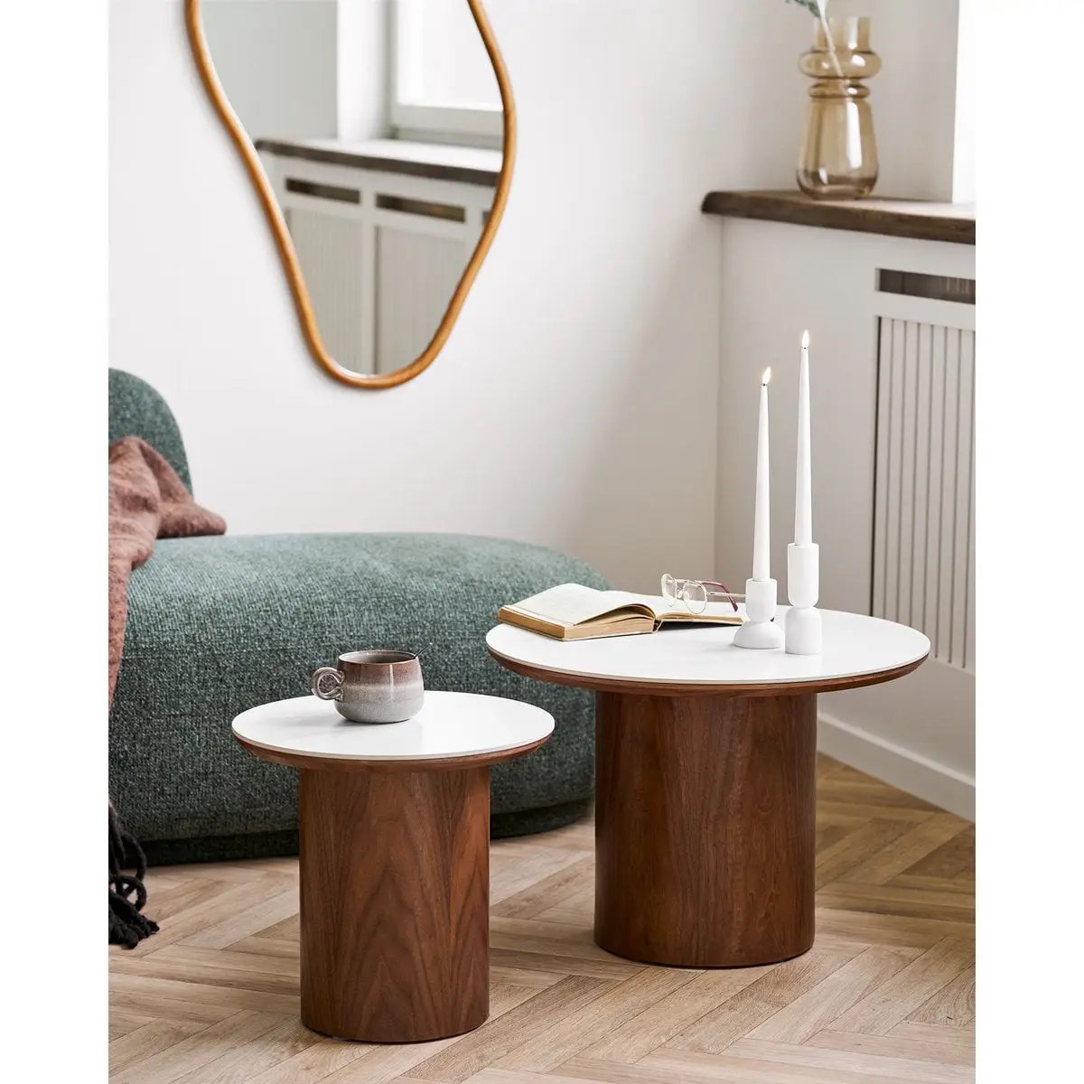 Noli Side table, ceramic table top/ash veneer, white/dark brown, ø40x38 cm by EMIRELLE