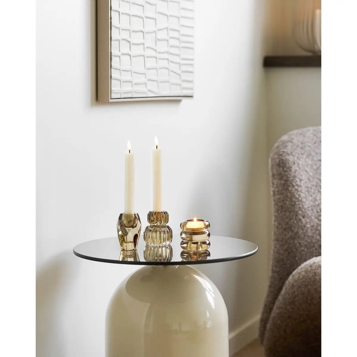 Ravello Side table, tempered glass/metal, grey/beige, ø40x52 cm by EMIRELLE