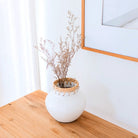 White Vase – Decorative Vase Round – Small Vase for Dried Flowers – Handmade Clay Vase – Flower Vase Made of Clay and Rattan (Ø 23 cm) TUBAN by Soeji