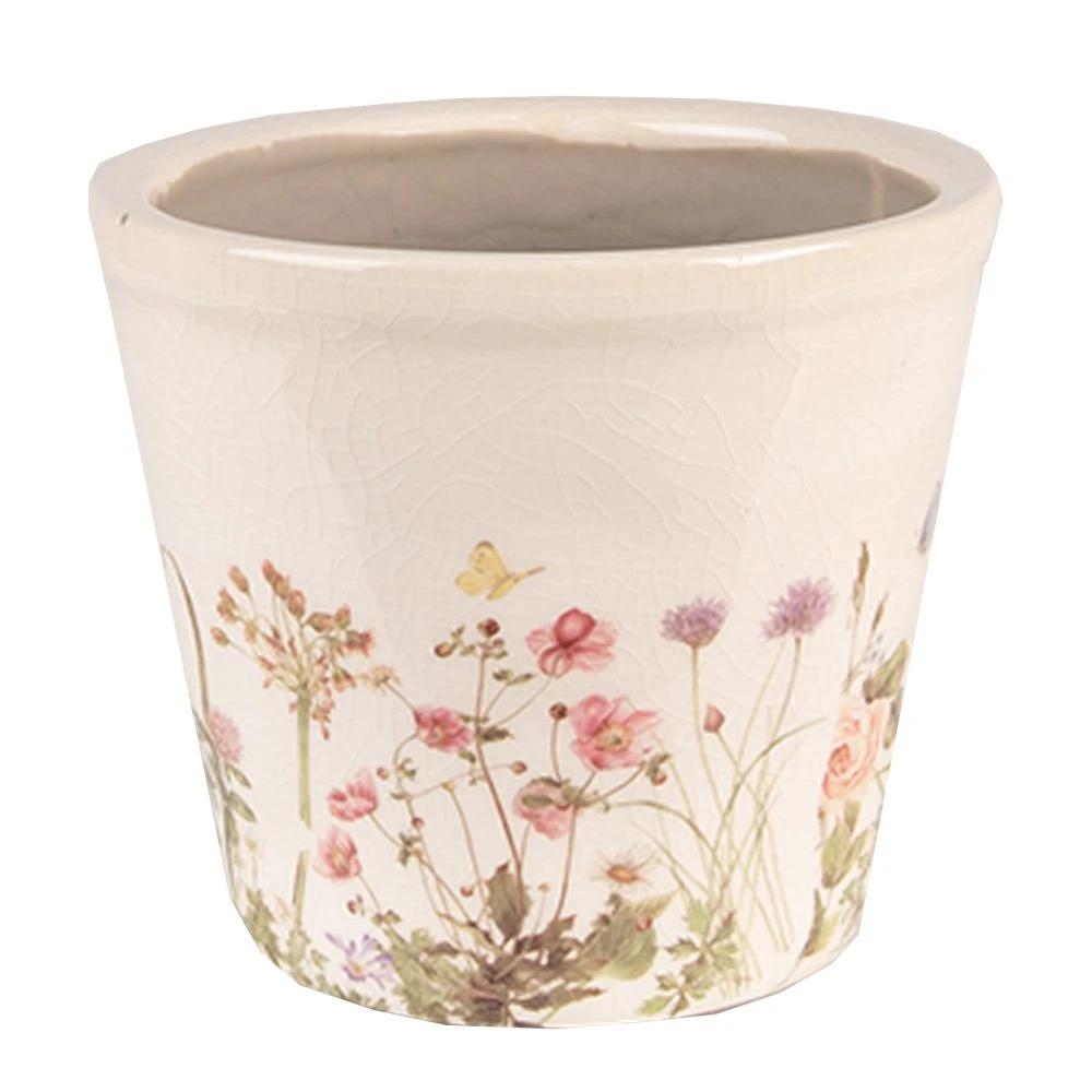 Flowerpot Ø 12x10 cm Pink Beige Ceramic Flowers Flowerpot Indoor by Clayre & Eef.