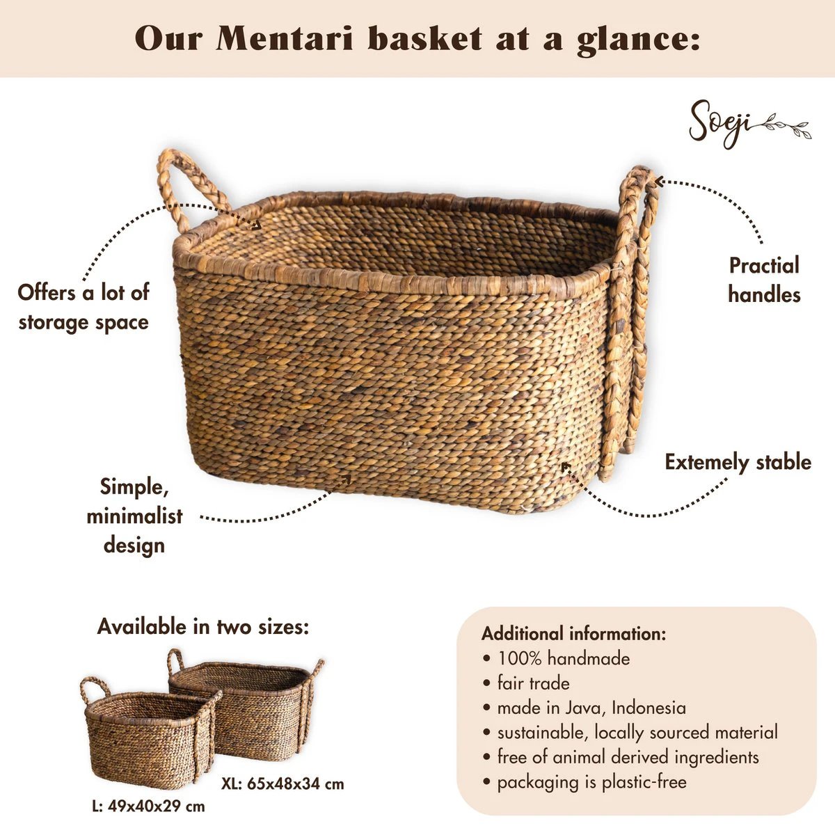 Extra Large Laundry Basket – Square Boho Hamper – Woven Decorative Basket – Storage Basket Made of Natural Water Hyacinth (2 sizes) MENTARI by Soeji