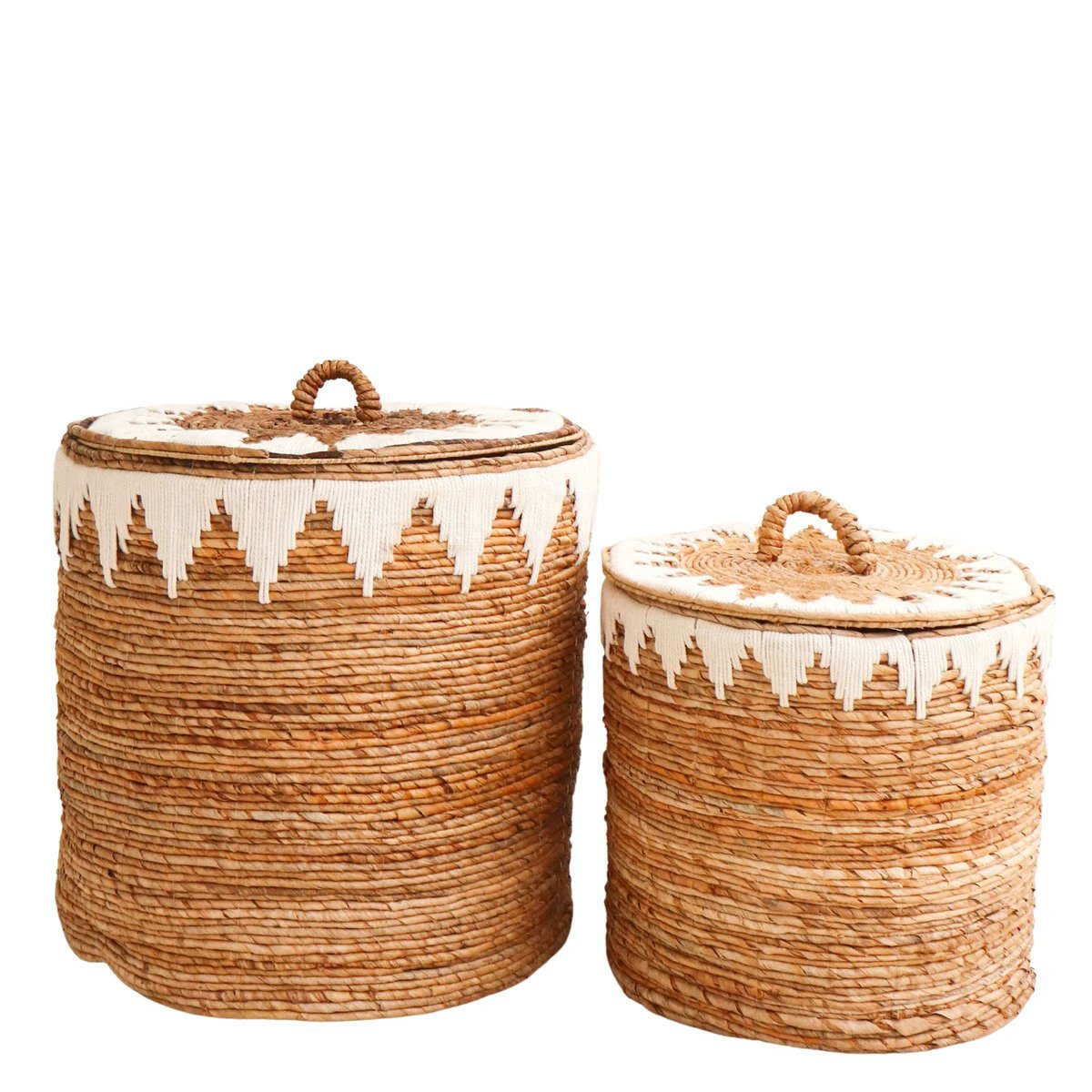 Laundry Basket with Lid Handwoven from Banana Fibre EMPAT Large Decorative Hamper Basket with white Cotton Macrame (2 sizes) by Soeji