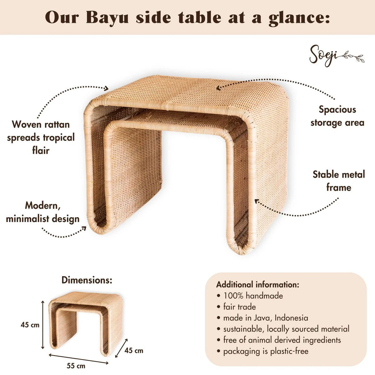 Rattan Side Table with Stable Metal Frame – Handcrafted Coffee Table BAYU by Soeji