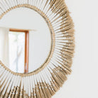 Round Wall Mirror Made of Seagrass – Boho Hanging Mirror – Wall Mirror with Fringes and Pattern Made of White Cotton (Ø 60 cm) RANDU by Soeji