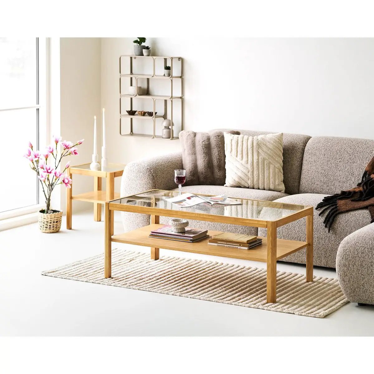 Lourmarin Coffee table, oak/oak veneer/tempered glass, natural, 110x60x45 cm by EMIRELLE