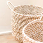 Laundry Basket Storage Basket Round GUNUNG Made of Banana Fibre with a Macrame Pattern made of Cotton by Soeji