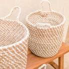Laundry Basket Storage Basket Round GUNUNG Made of Banana Fibre with a Macrame Pattern made of Cotton by Soeji
