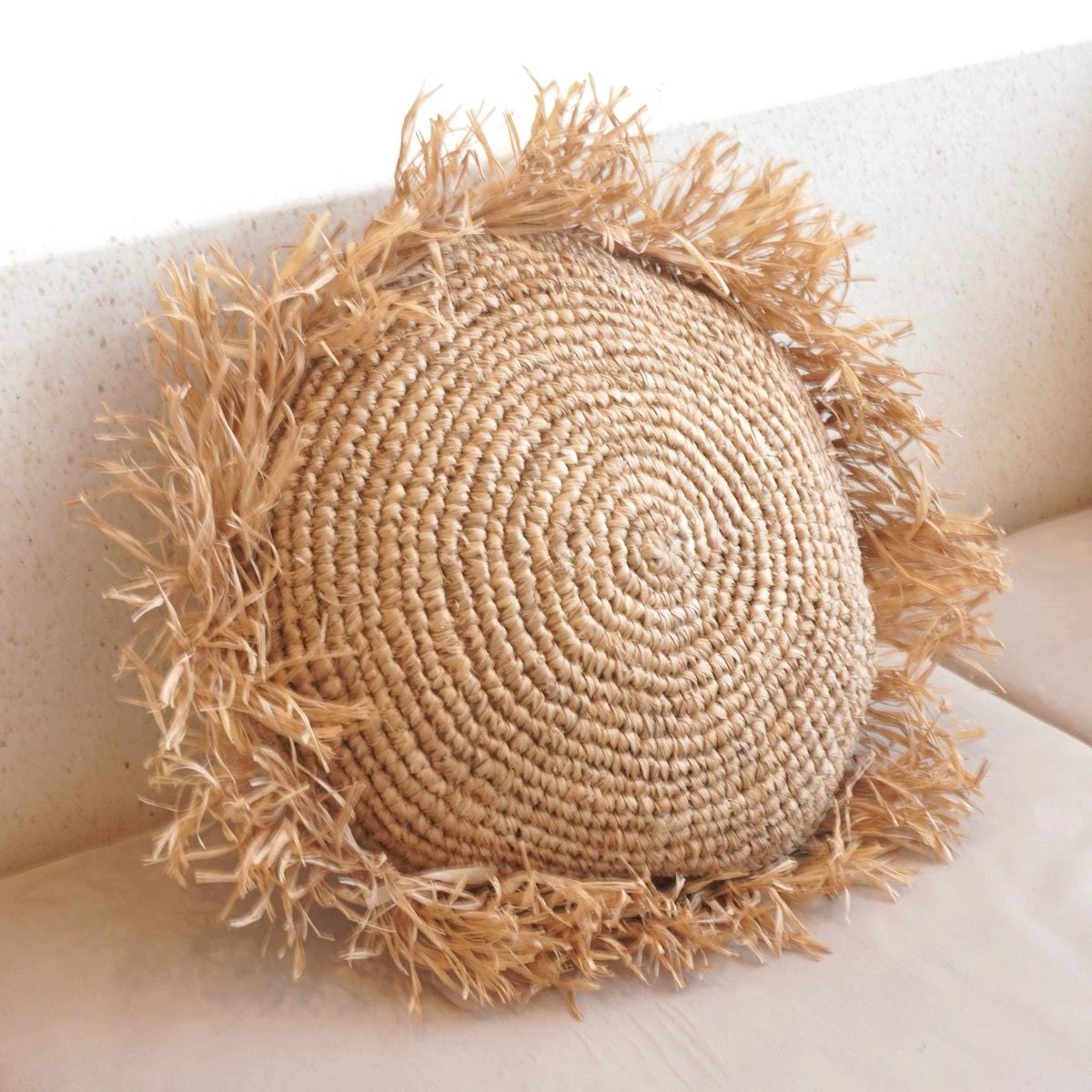 Round Boho Cushion with Fringes Decorative Cushion Ø40/50 cm Throw Pillow made from Raffia Sofa Cushion with Filling TARAKAN beige by Soeji