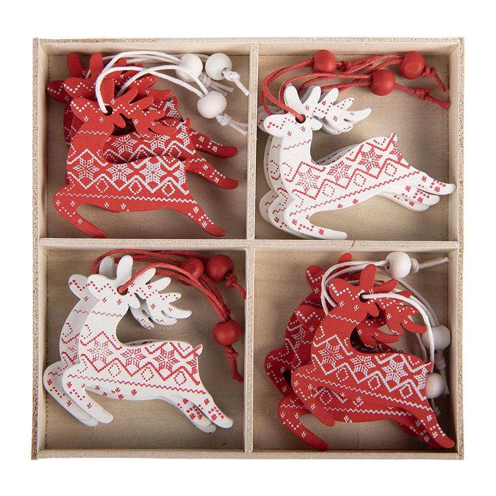Weihnachtsanhänger-Set mit 12 Rentieren, 13x13 cm, rotes Holz von Clayre & Eef.