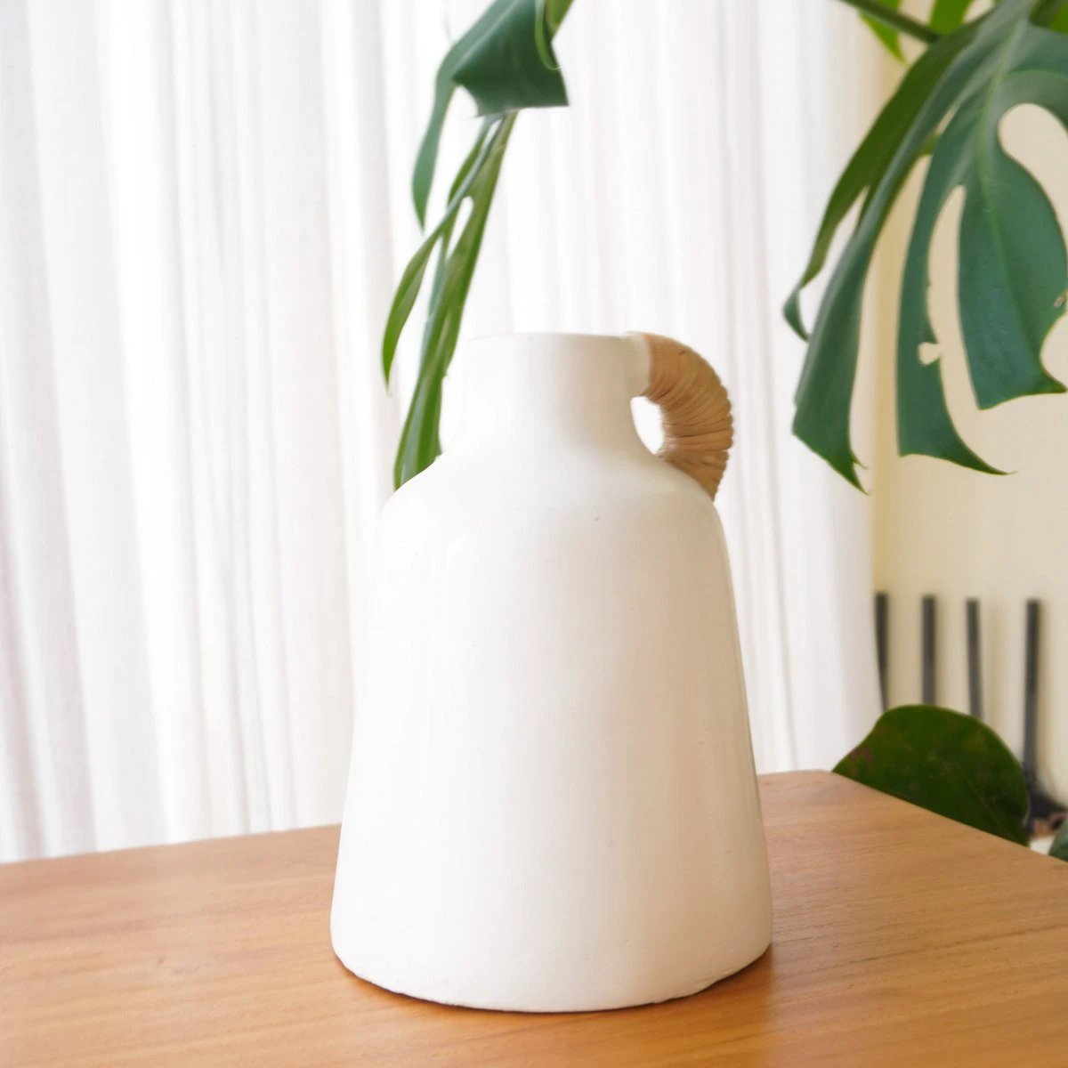 Vase White Small Decorative Vase for Dried or Fresh Flowers Hand Cast from Clay with Rattan Handle SANA by Soeji