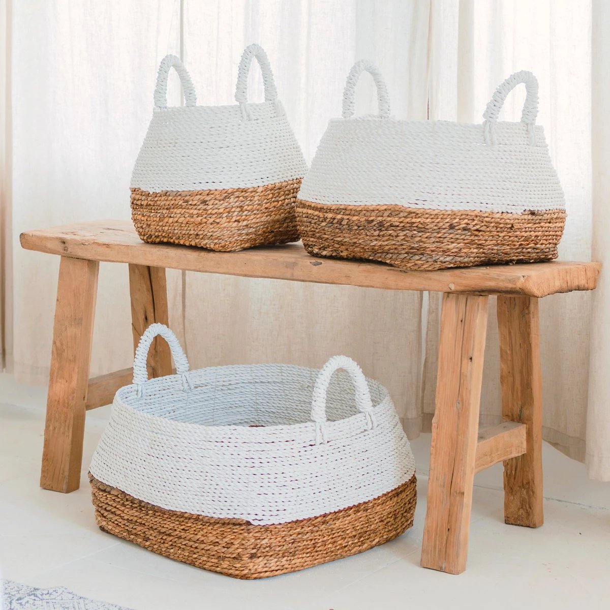 Woven Storage Basket White – Boho Decorative Basket – Square Laundry Basket – Shelf Basket Made of Banana Fibre MAJALENGKA white (3 sizes) by Soeji