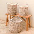 Laundry Basket Storage Basket Round GUNUNG Made of Banana Fibre with a Macrame Pattern made of Cotton by Soeji