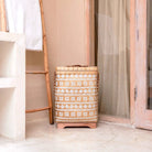 Laundry Basket with Lid DARI Handwoven from Bamboo with a Beige White Zig Zag Pattern by Soeji