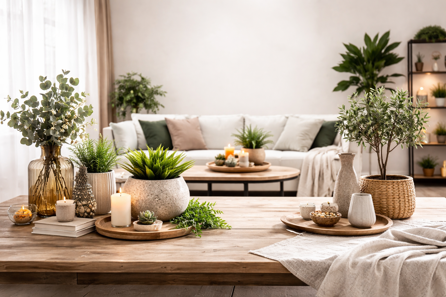 Living room with a couch, coffee table, and various plants
