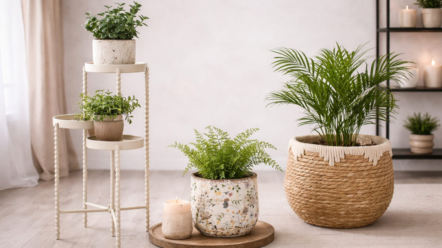 Indoor plants in various pots on a wooden floor with a neutral background