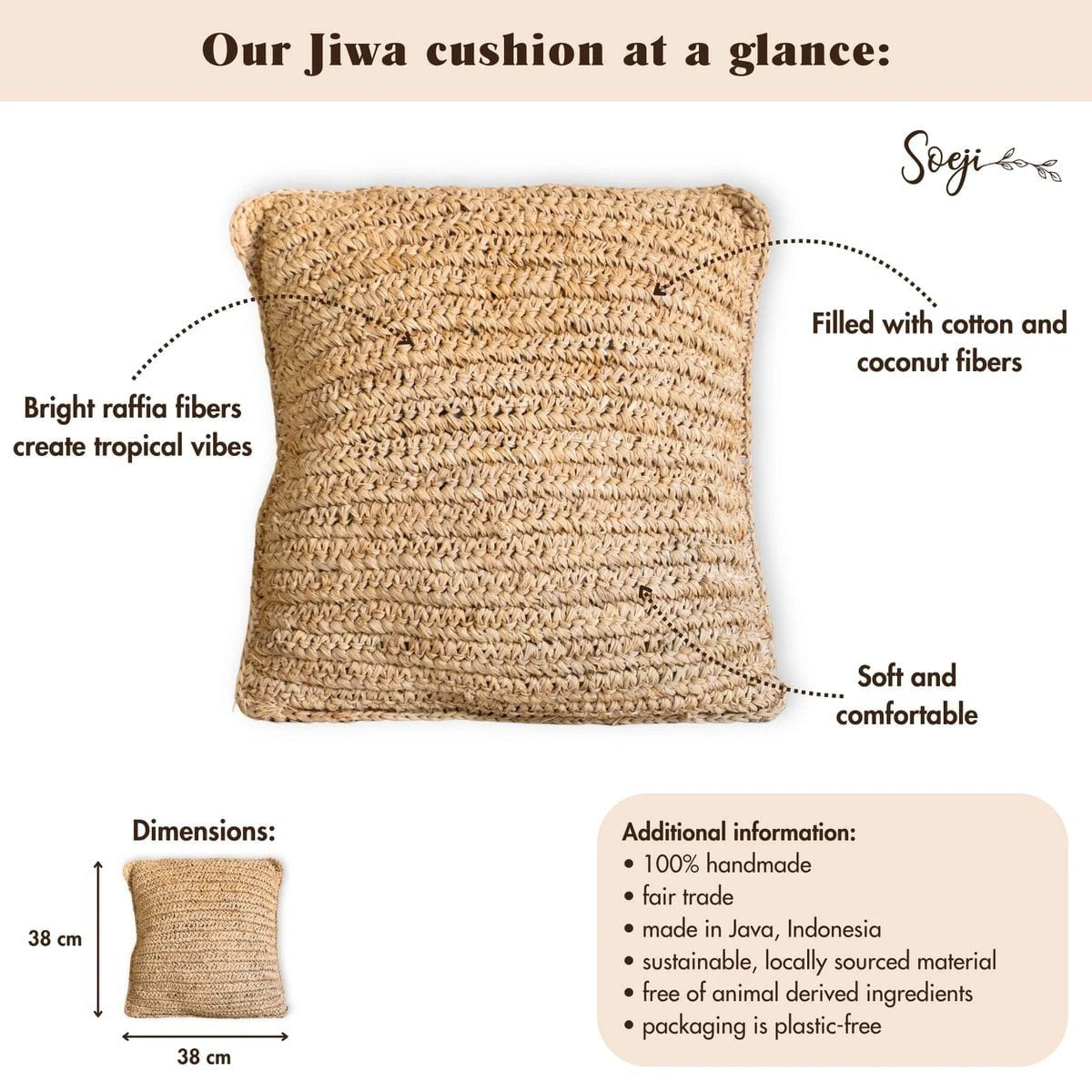 Boho Cushion Made of Raffia – 40x40 cm Decorative Woven Cushion – Sofa Cushion – Natural Beige Square Pillow Handmade from Raffia JIWA by Soeji