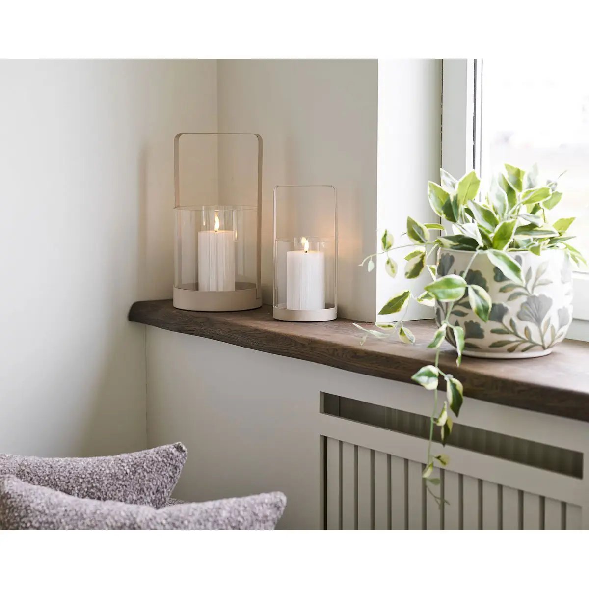 Hurricane candle holder, glass/metal, beige, set of 2 by EMIRELLE