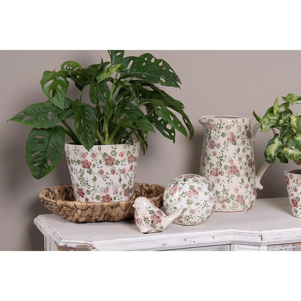 Flowerpot Ø 12x10 cm Pink Beige Ceramic Flowers Flowerpot Indoor by Clayre & Eef.