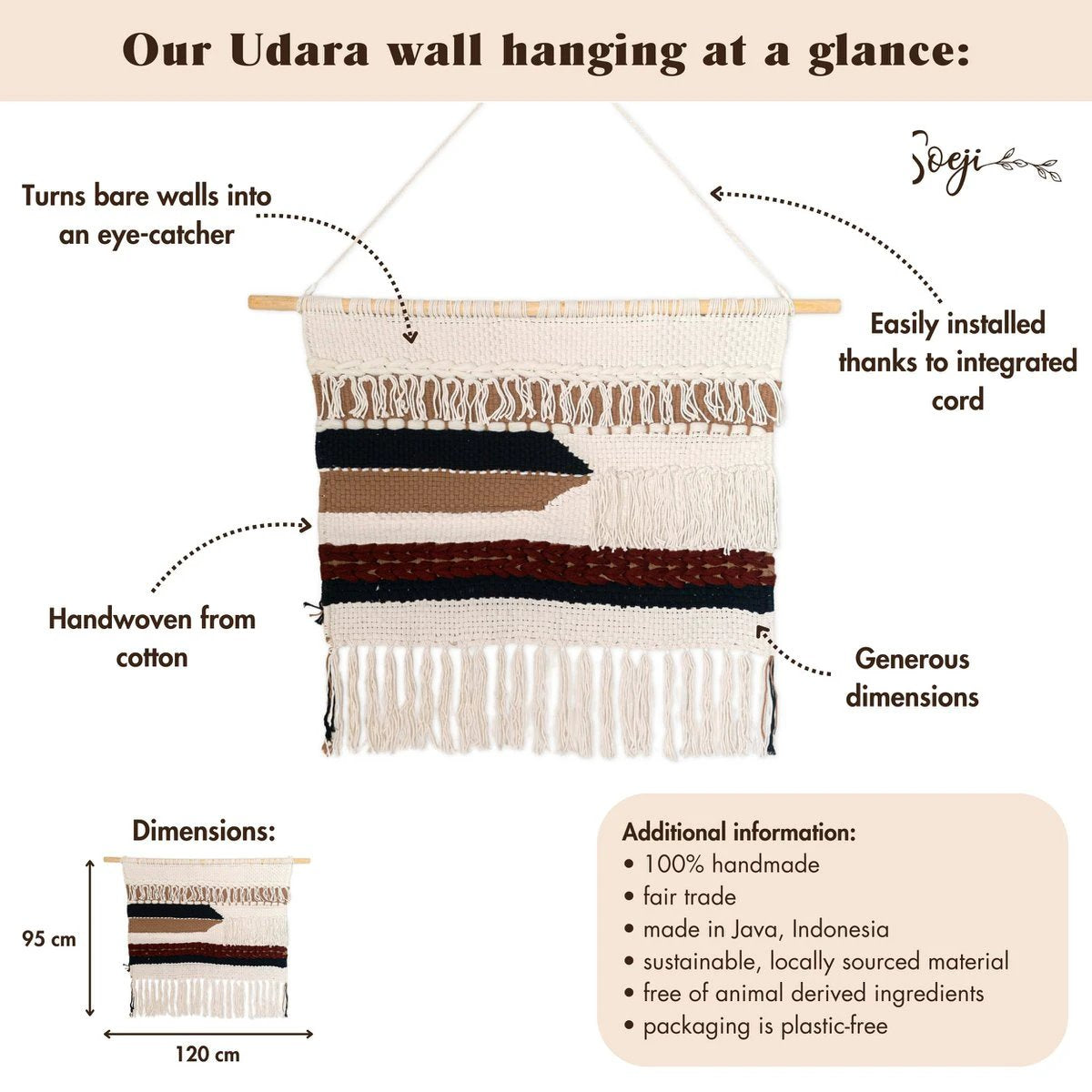 Large Macrame Wall Hanging – Woven Boho Wall Decor – Modern Cotton Wall Hanging Natural Material – Handwoven Wall Decor 120x95 cm UDARA by Soeji