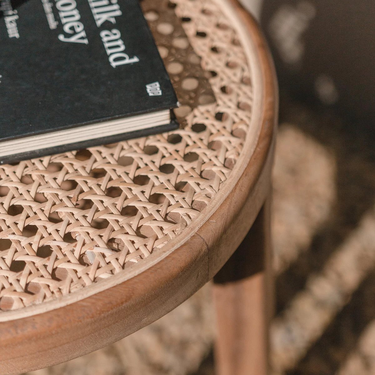 Wooden Stool CARAMIN made of Trembesi with a Seating Surface from Woven Rattan by Soeji
