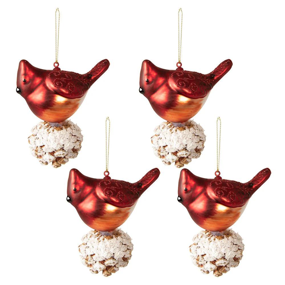 Christmas bauble set of 4 bird 11x6x11 cm red white glass Christmas tree decorations by Clayre & Eef.