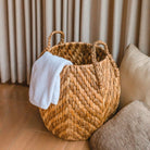 Large Laundry Basket Storage Basket Decorative Basket Round Basket Hamper WAYAG from Woven Water Hyacinth with Beige & Brown Zig Zag Pattern by Soeji