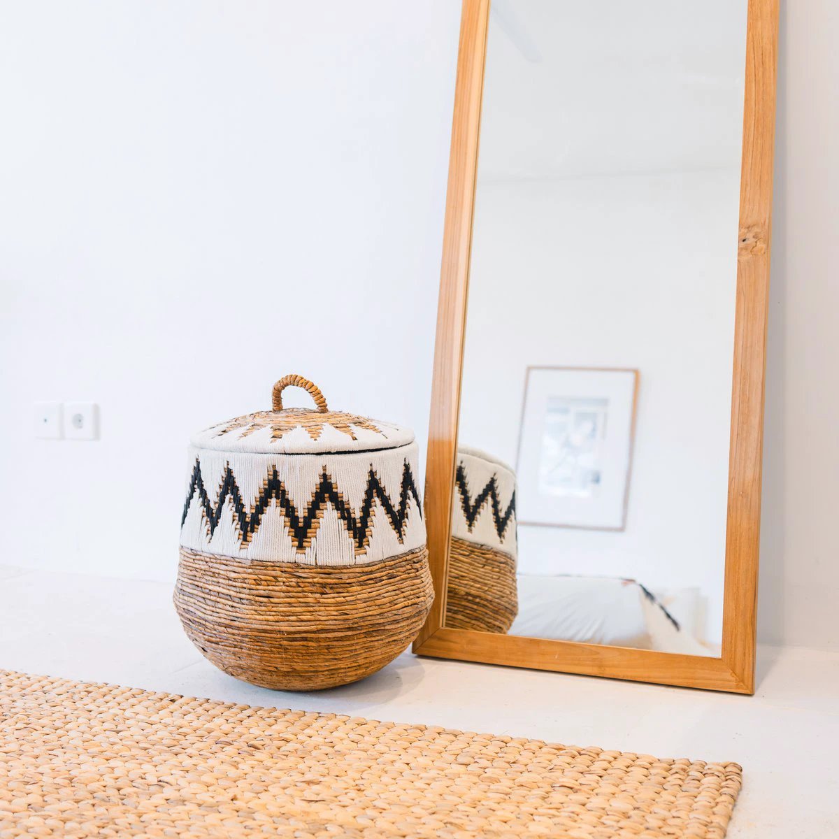 Laundry Basket with Lid – Boho Laundry Hamper Round – Large Boho Basket – Woven Basket with Cotton Pattern PALEM (3 sizes Ø33/43/55cm) by Soeji